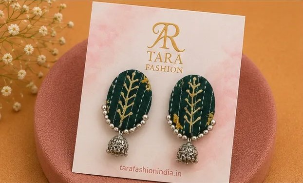 Ethnic Block-Print Oval Fabric Earrings with Mini Jhumka view 4