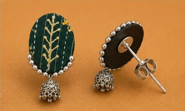 Ethnic Block-Print Oval Fabric Earrings with Mini Jhumka view 5