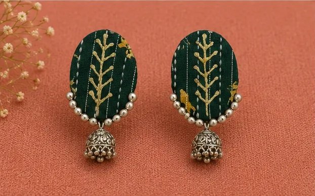 Ethnic Block-Print Oval Fabric Earrings with Mini Jhumka view 6