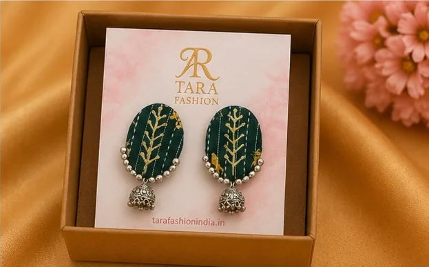 Ethnic Block-Print Oval Fabric Earrings with Mini Jhumka view 7