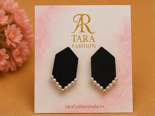 Jet Black Elongated Hexagon Fabric Stud Earrings with Pearl V-Trim view 2