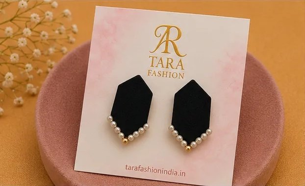 Jet Black Elongated Hexagon Fabric Stud Earrings with Pearl V-Trim view 4