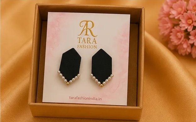 Jet Black Elongated Hexagon Fabric Stud Earrings with Pearl V-Trim view 7