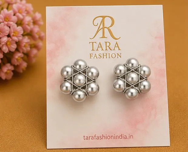 Classic Silver Wire-Woven Star Pearl Stud Earrings view 2