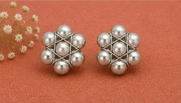 Classic Silver Wire-Woven Star Pearl Stud Earrings view 6