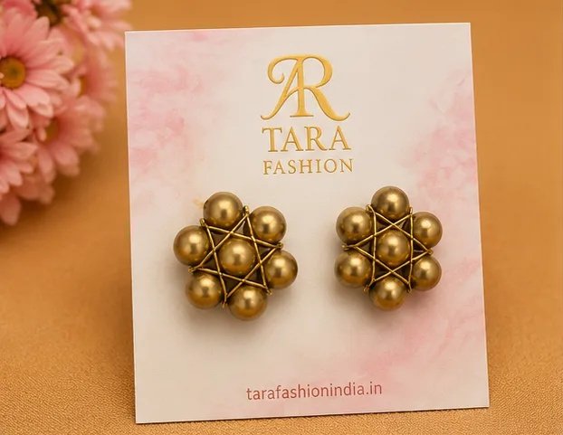 Antique Gold Wire-Woven Star Pearl Stud Earrings view 2