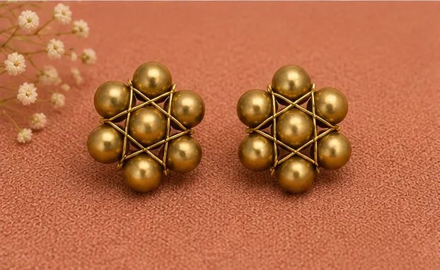 Antique Gold Wire-Woven Star Pearl Stud Earrings view 6