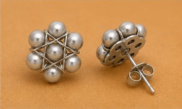 Metallic Grey Wire-Woven Star Pearl Stud Earrings view 5
