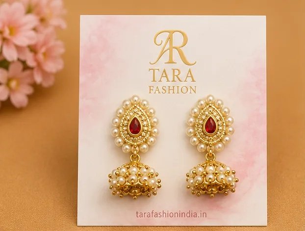 Ruby Red Teardrop Kundan Jhumki Earrings with Pearl Bunches view 2