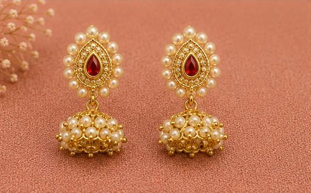 Ruby Red Teardrop Kundan Jhumki Earrings with Pearl Bunches view 6