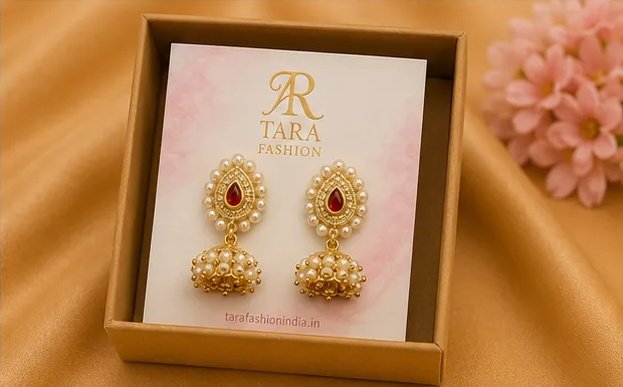 Ruby Red Teardrop Kundan Jhumki Earrings with Pearl Bunches view 7