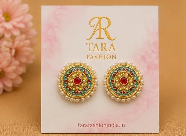 Festive Turquoise Meenakari Round Stud Earrings with Pearl Border view 2