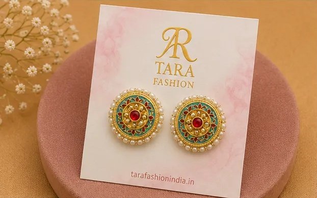 Festive Turquoise Meenakari Round Stud Earrings with Pearl Border view 4