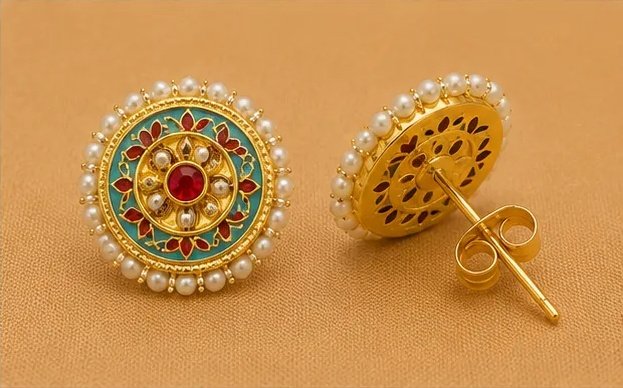 Festive Turquoise Meenakari Round Stud Earrings with Pearl Border view 5