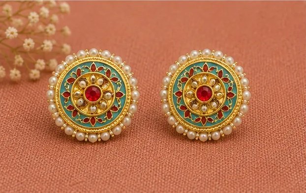 Festive Turquoise Meenakari Round Stud Earrings with Pearl Border view 6