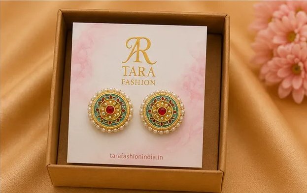 Festive Turquoise Meenakari Round Stud Earrings with Pearl Border view 7