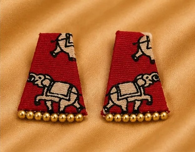 Quirky Red Block Print Elephant Trapezoid Fabric Earrings