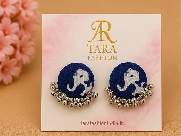 Indigo Block Print Elephant Fabric Studs with Oxidized Ghungroo view 2