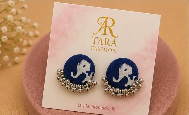 Indigo Block Print Elephant Fabric Studs with Oxidized Ghungroo view 4
