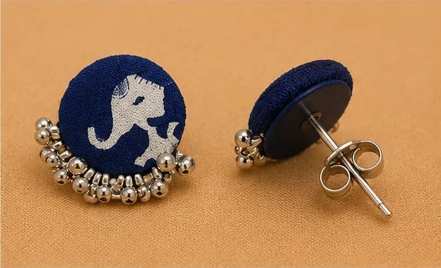 Indigo Block Print Elephant Fabric Studs with Oxidized Ghungroo view 5