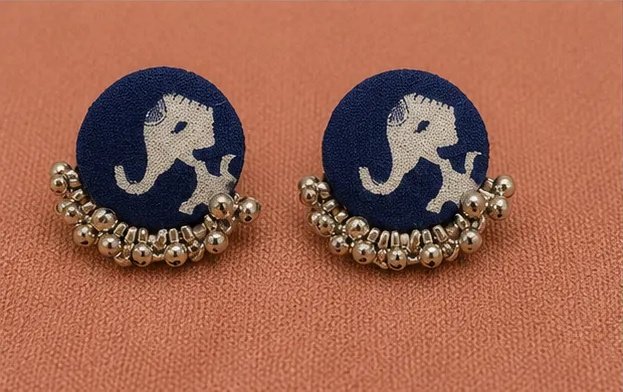 Indigo Block Print Elephant Fabric Studs with Oxidized Ghungroo view 6