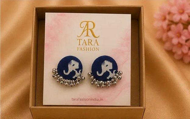 Indigo Block Print Elephant Fabric Studs with Oxidized Ghungroo view 7