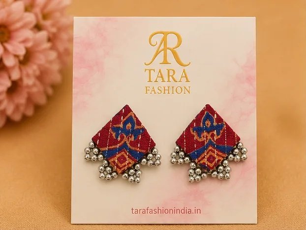 Quirky Ikkat Print Fabric Square Studs with Oxidized Ghungroo Borders view 2