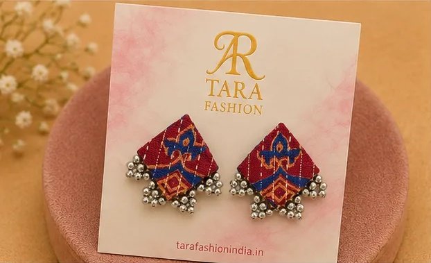 Quirky Ikkat Print Fabric Square Studs with Oxidized Ghungroo Borders view 4