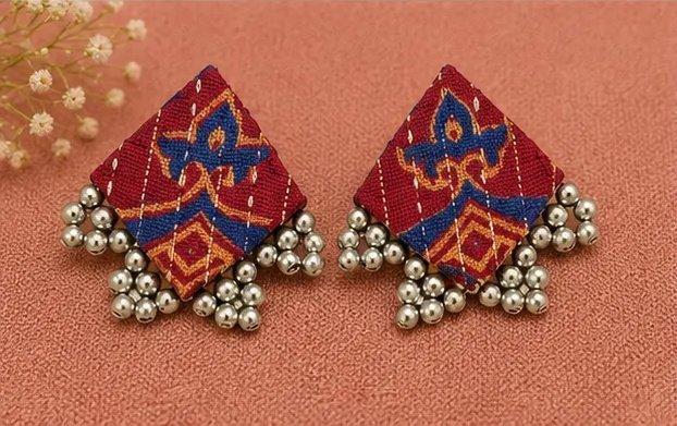 Quirky Ikkat Print Fabric Square Studs with Oxidized Ghungroo Borders view 6