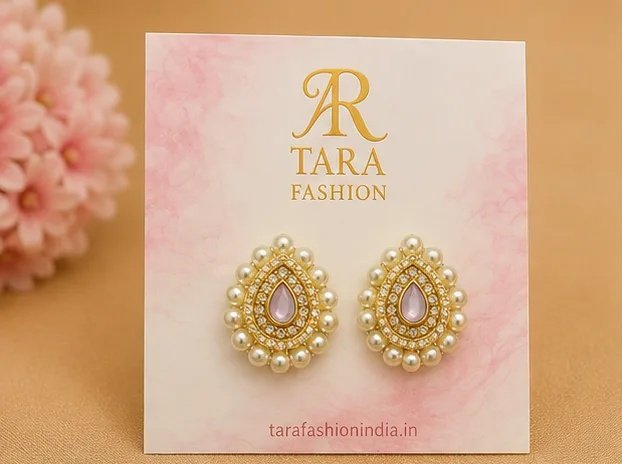 Lavender Teardrop Kundan Stud Earrings with Dual Pearl Border view 2