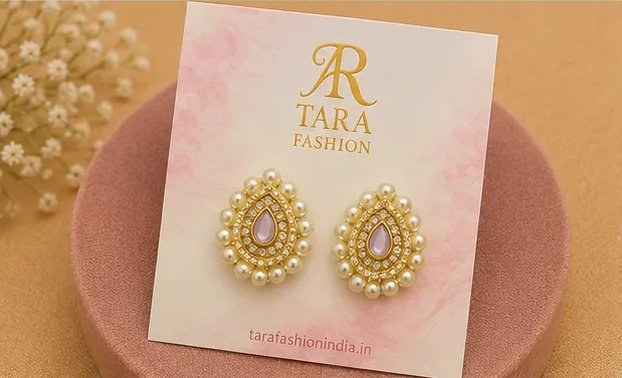 Lavender Teardrop Kundan Stud Earrings with Dual Pearl Border view 4