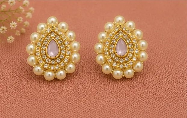 Lavender Teardrop Kundan Stud Earrings with Dual Pearl Border view 6