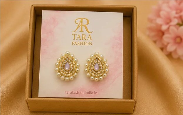 Lavender Teardrop Kundan Stud Earrings with Dual Pearl Border view 7