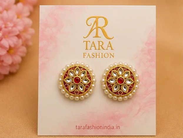 Royal Red Kundan Floral Round Stud Earrings with Pearl Border view 2