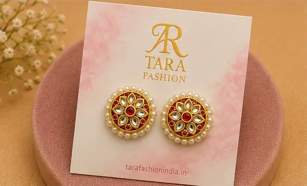 Royal Red Kundan Floral Round Stud Earrings with Pearl Border view 4