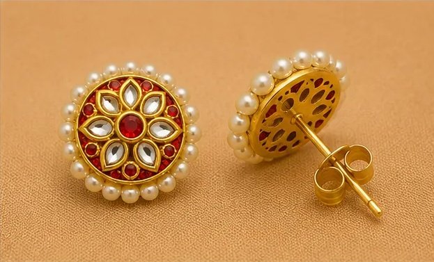 Royal Red Kundan Floral Round Stud Earrings with Pearl Border view 5