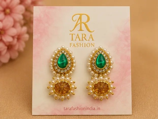 Royal Emerald Green Teardrop Jhumka Earrings with Pearl Borders view 2