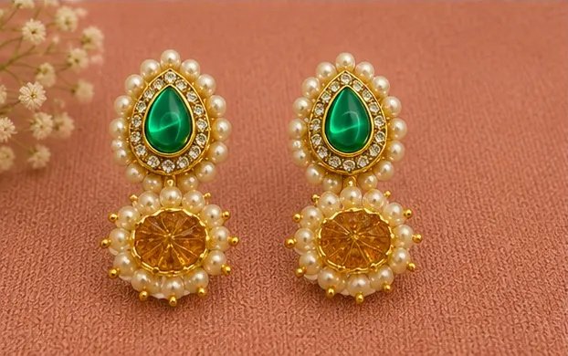 Royal Emerald Green Teardrop Jhumka Earrings with Pearl Borders view 6