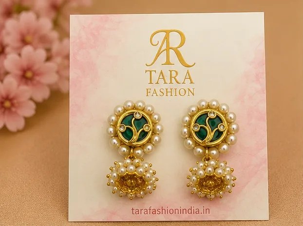 Heritage Green Meenakari Jhumka Earrings with Pearl Clusters view 2