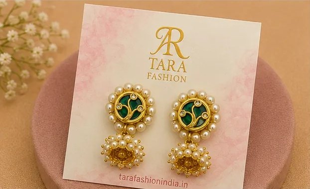 Heritage Green Meenakari Jhumka Earrings with Pearl Clusters view 4