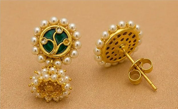 Heritage Green Meenakari Jhumka Earrings with Pearl Clusters view 5