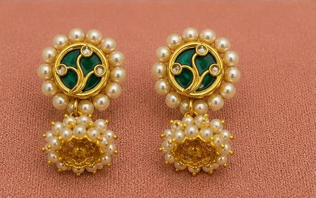 Heritage Green Meenakari Jhumka Earrings with Pearl Clusters view 6