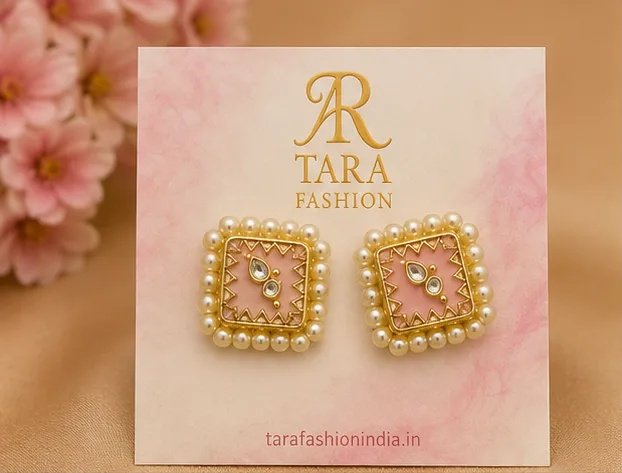 Elegant Pastel Pink Square Kundan Stud Earrings with Pearl Border view 2