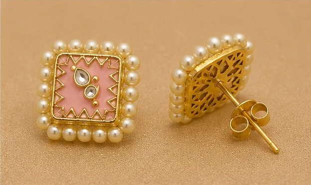 Elegant Pastel Pink Square Kundan Stud Earrings with Pearl Border view 5