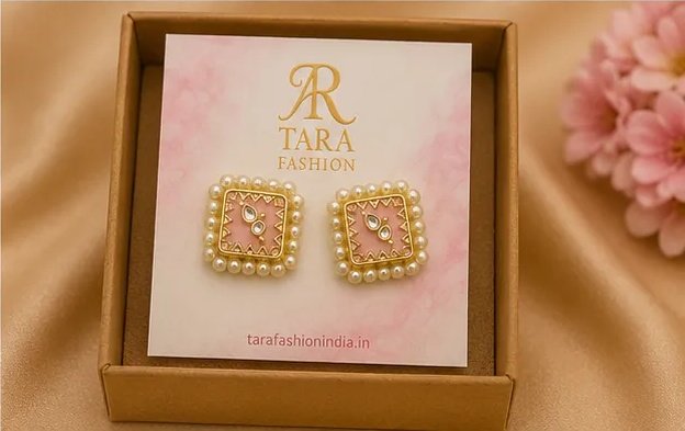 Elegant Pastel Pink Square Kundan Stud Earrings with Pearl Border view 7