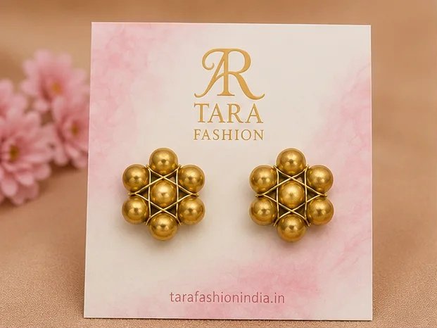 Tara Fashion Antique Golden Bead Floral Cluster Stud Earrings view 2
