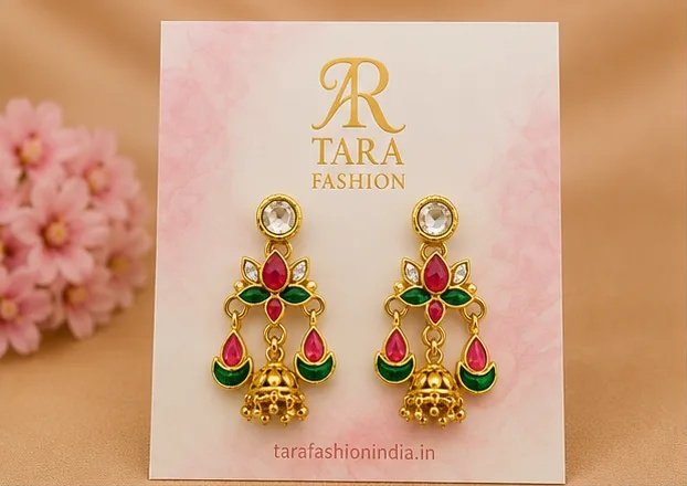 Tara Fashion Traditional Meenakari Lotus Jhumka Earrings view 2