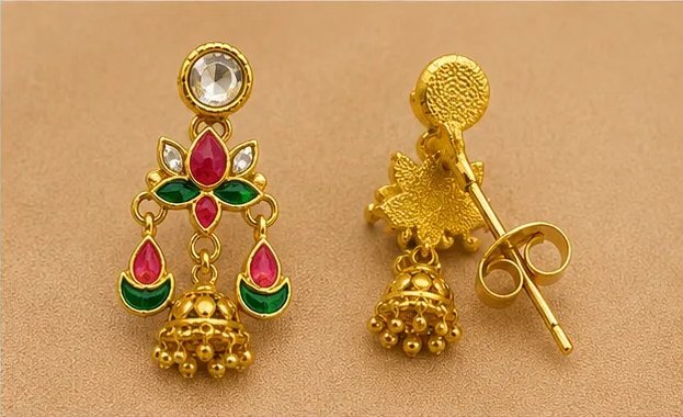 Tara Fashion Traditional Meenakari Lotus Jhumka Earrings view 5