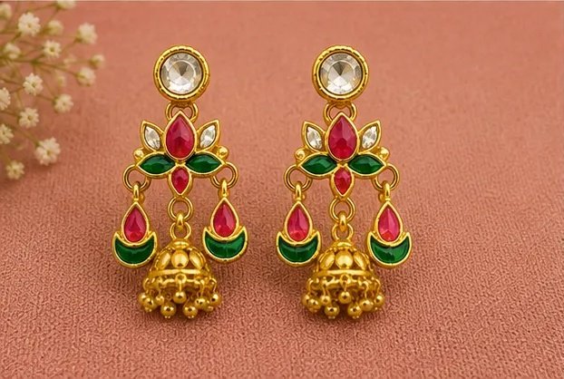 Tara Fashion Traditional Meenakari Lotus Jhumka Earrings view 6