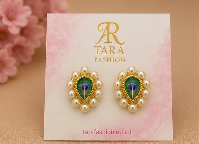 Tara Fashion Elegant Peacock Motif Pearl Stud Earrings view 2
